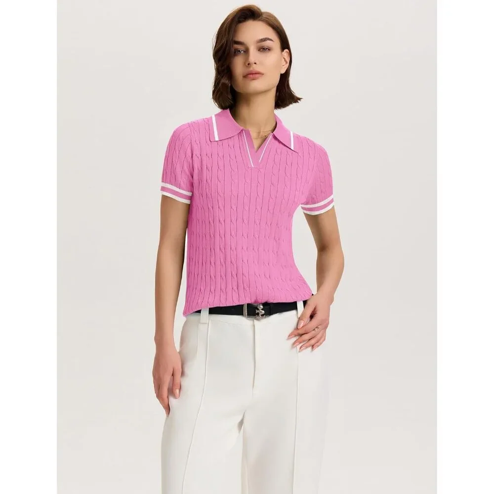 Elegant Women's Summer Cable Knit Sweater - Pink & White Stripe, Size X-Large - Picture 4 of 5
